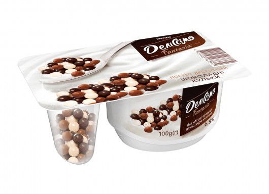 Йогурт десерт Деліссімо Фантазія кульки шокол 6.3% стак 100г